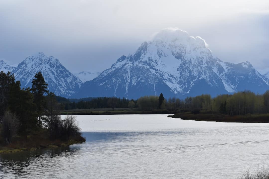 a lake with trees and mountains in the background