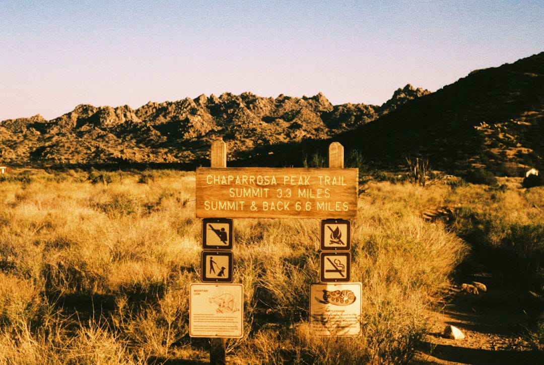 Wooden trail sign in a dry, grassy landscape